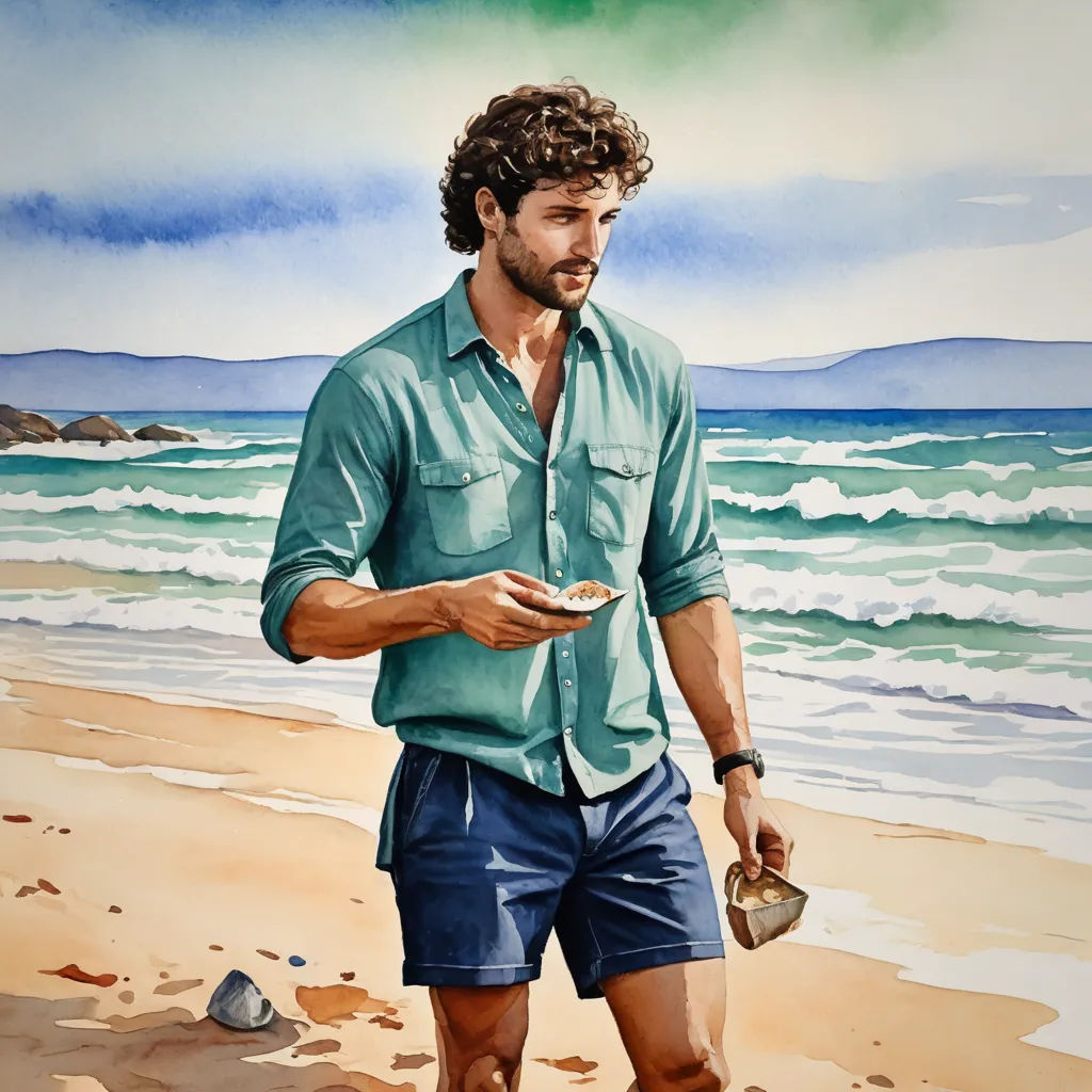 a man standing on a beach holding a plate of food and a drink in his hand and a bottle in his other hand, figurative art, a watercolor painting, Douglas Robertson Bisset, detailed painting