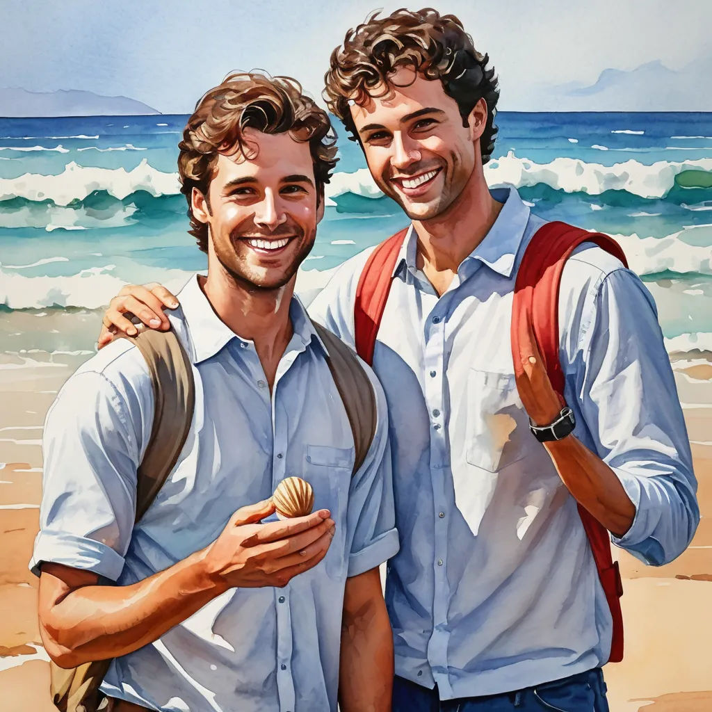 two men standing next to each other on a beach near the ocean with a shell in their hands and a backpack on his shoulder, figurative art, a painting, Brothers Hildebrandt, extremely detailed oil painting