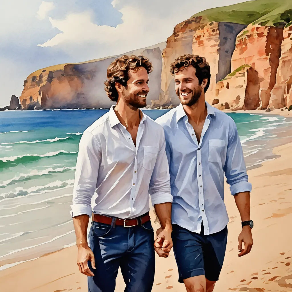 two men walking on a beach next to the ocean with cliffs in the background and a painting of them, figurativism, an oil painting, Eric Zener, professional digital painting