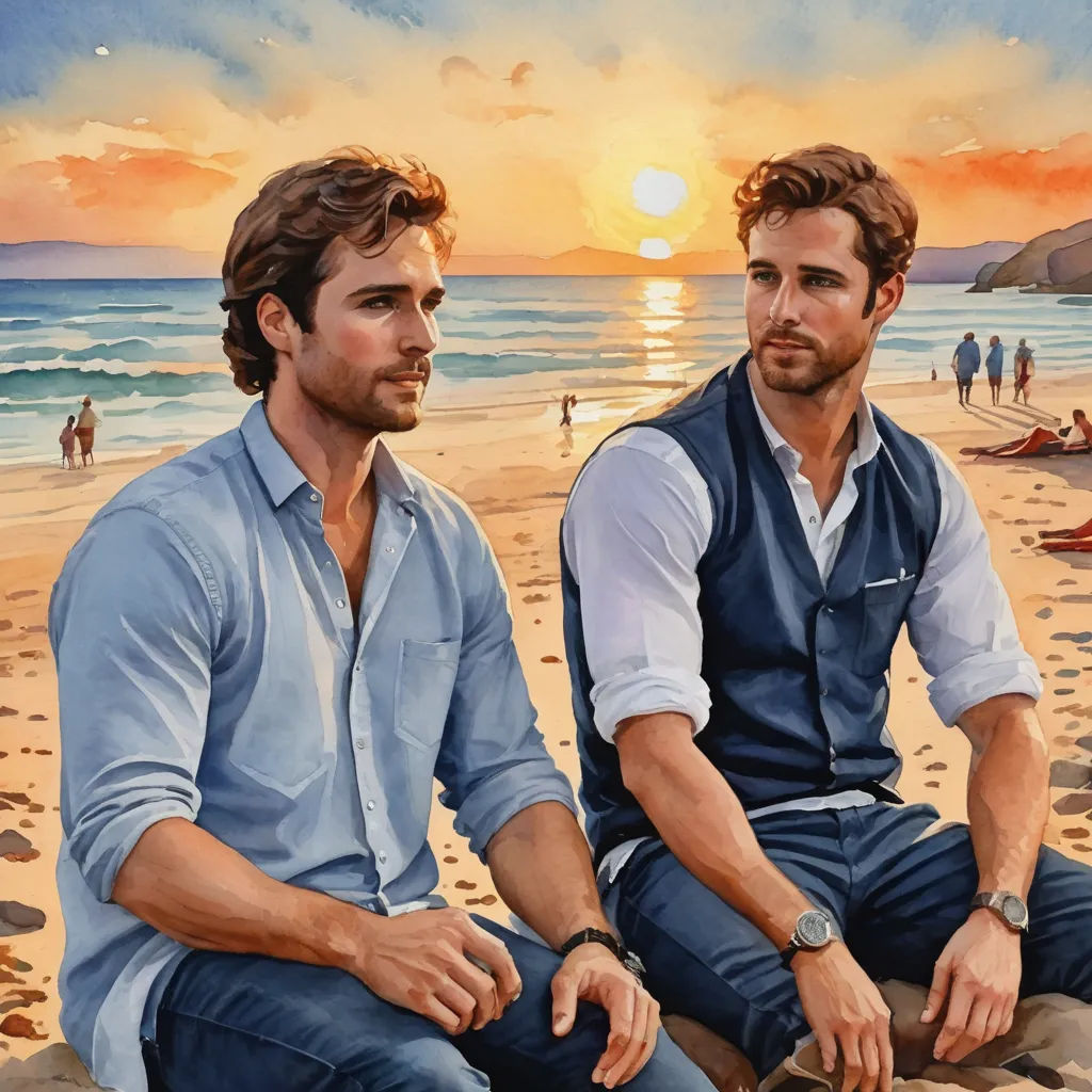 two men sitting on a beach with a sunset in the background and a painting of people in the background, figurative art, a fine art painting, Brothers Hildebrandt, extremely detailed oil painting