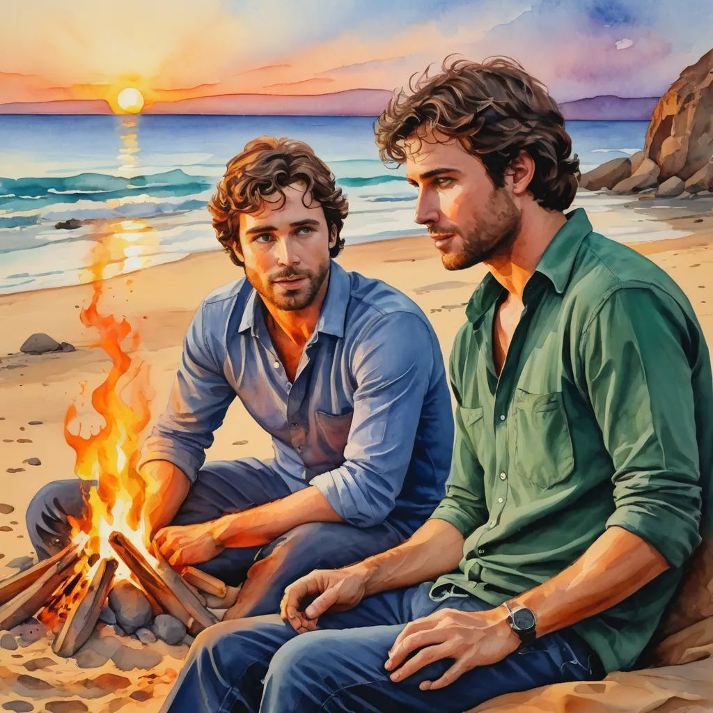 two men sitting on a beach next to a fire pit with a sunset in the background and a beach with rocks and water, figurative art, a fine art painting, Brothers Hildebrandt, promotional image