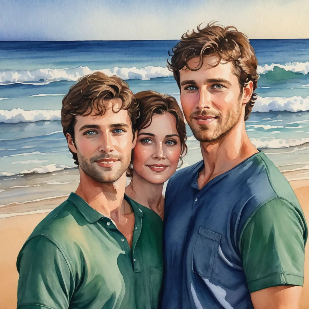 a painting of two people standing next to each other on a beach near the ocean and a wave coming in, figurative art, a watercolor painting, Eric Zener, extremely detailed oil painting