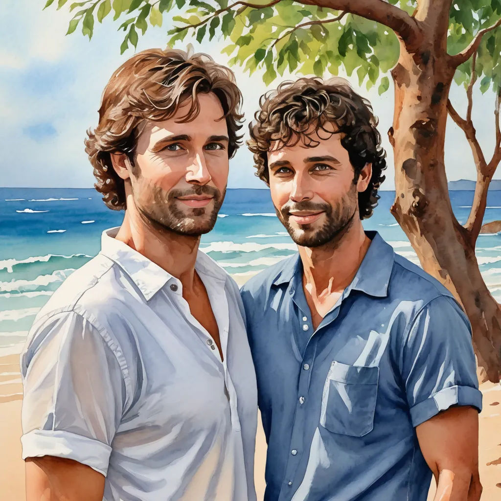 two men standing next to each other on a beach near the ocean and a tree with leaves on it, figurative art, a painting, Eric Zener, promotional image