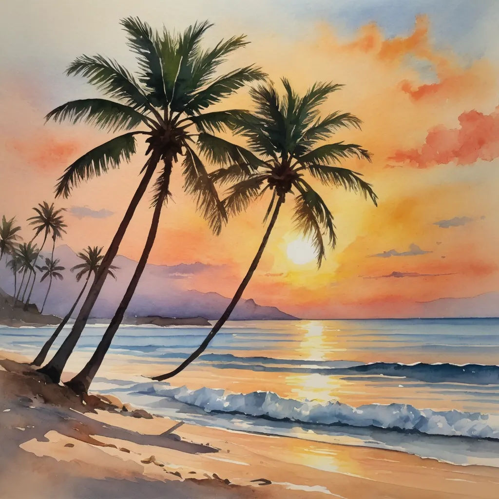 a painting of a sunset on a tropical beach with palm trees and waves crashing in the foreground and a distant mountain in the distance, american scene painting, a watercolor painting, David Boyd, sunset