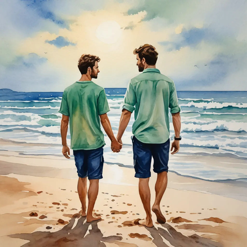 two men standing on a beach holding hands and looking at the ocean with a sky background and clouds in the sky, figurative art, a watercolor painting, Eric Zener, watercolor