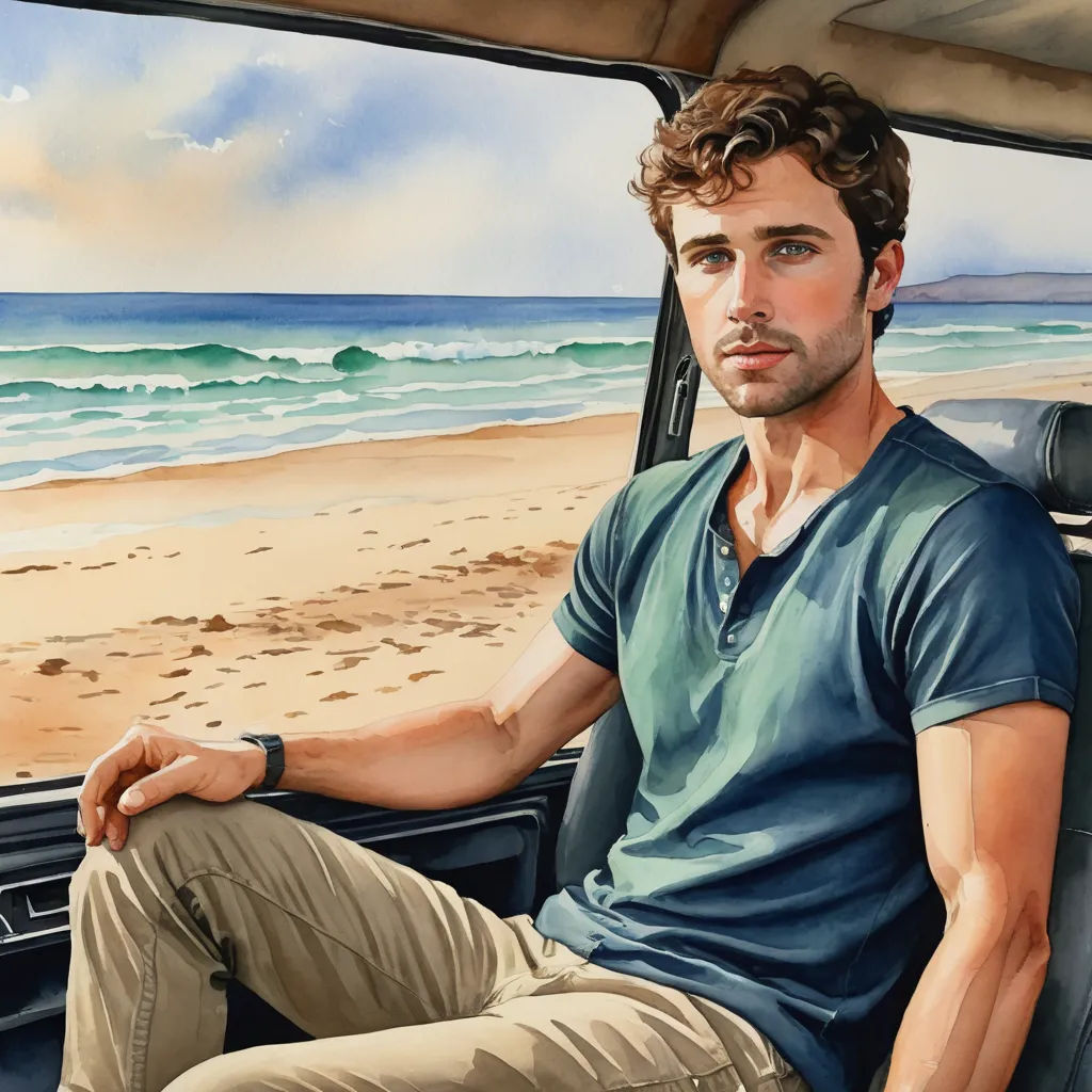 a man sitting in the passenger seat of a car on the beach with the ocean in the background and a painting of him, figurative art, a photorealistic painting, Eric Zener, extremely detailed oil painting