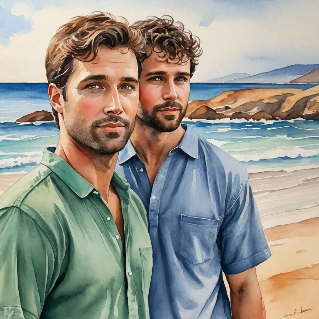 a painting of two men standing next to each other on a beach near the ocean and a rocky shore, figurative art, a watercolor painting, Brothers Hildebrandt, in gouache detailed paintings