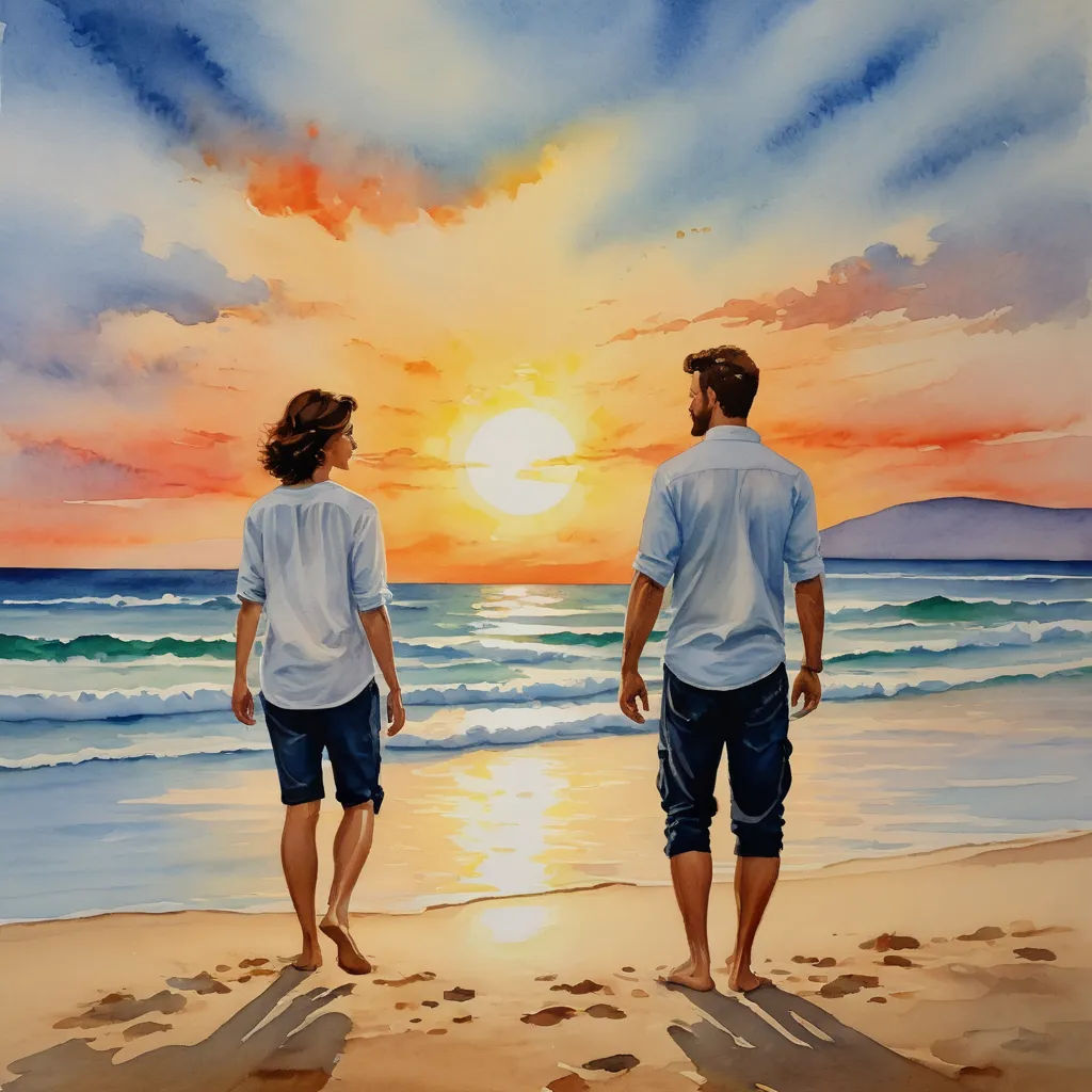 a painting of two people standing on a beach at sunset with the sun setting behind them and the ocean in the background, figurative art, a fine art painting, Eric Zener, detailed painting