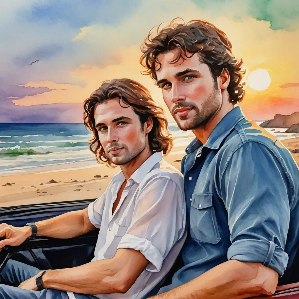 a painting of two men sitting in a car on the beach at sunset, one of them is looking at the camera, figurative art, a photorealistic painting, Brothers Hildebrandt, highly detailed digital painting