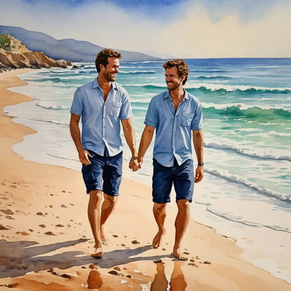 two men walking on a beach holding hands and smiling at each other with the ocean in the background and a painting of the same man holding hands, figurative art, a watercolor painting, Eric Zener, in gouache detailed paintings