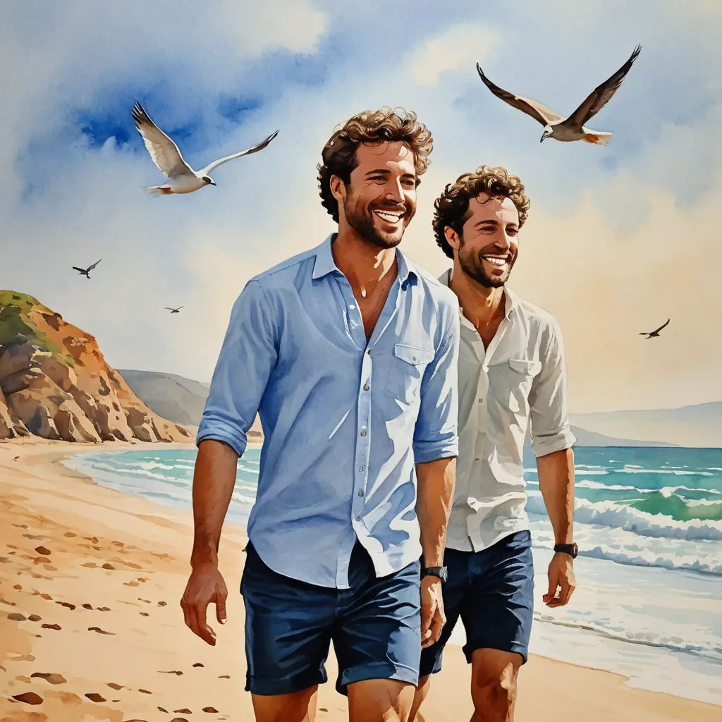 two men walking on a beach with seagulls flying overhead and a painting of them behind them of them, figurative art, a detailed painting, Eric Zener, in gouache detailed paintings