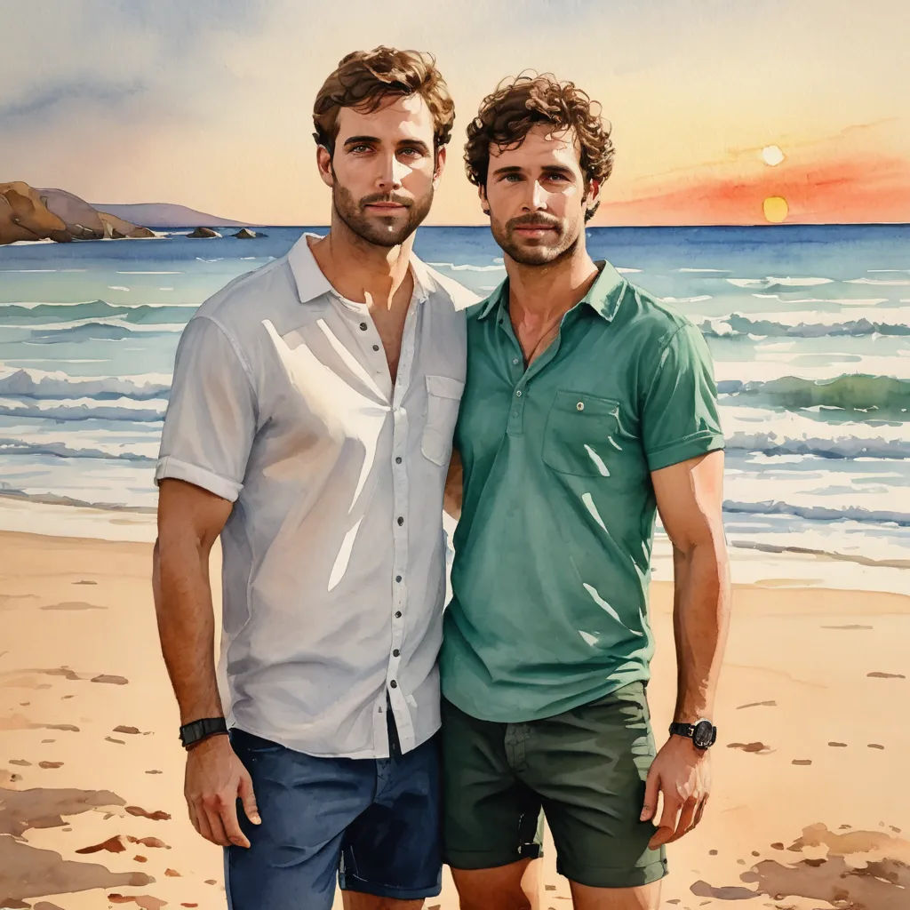 two men standing on a beach next to the ocean at sunset with a painting of the ocean behind them, figurative art, a photorealistic painting, Eric Zener, extremely detailed oil painting