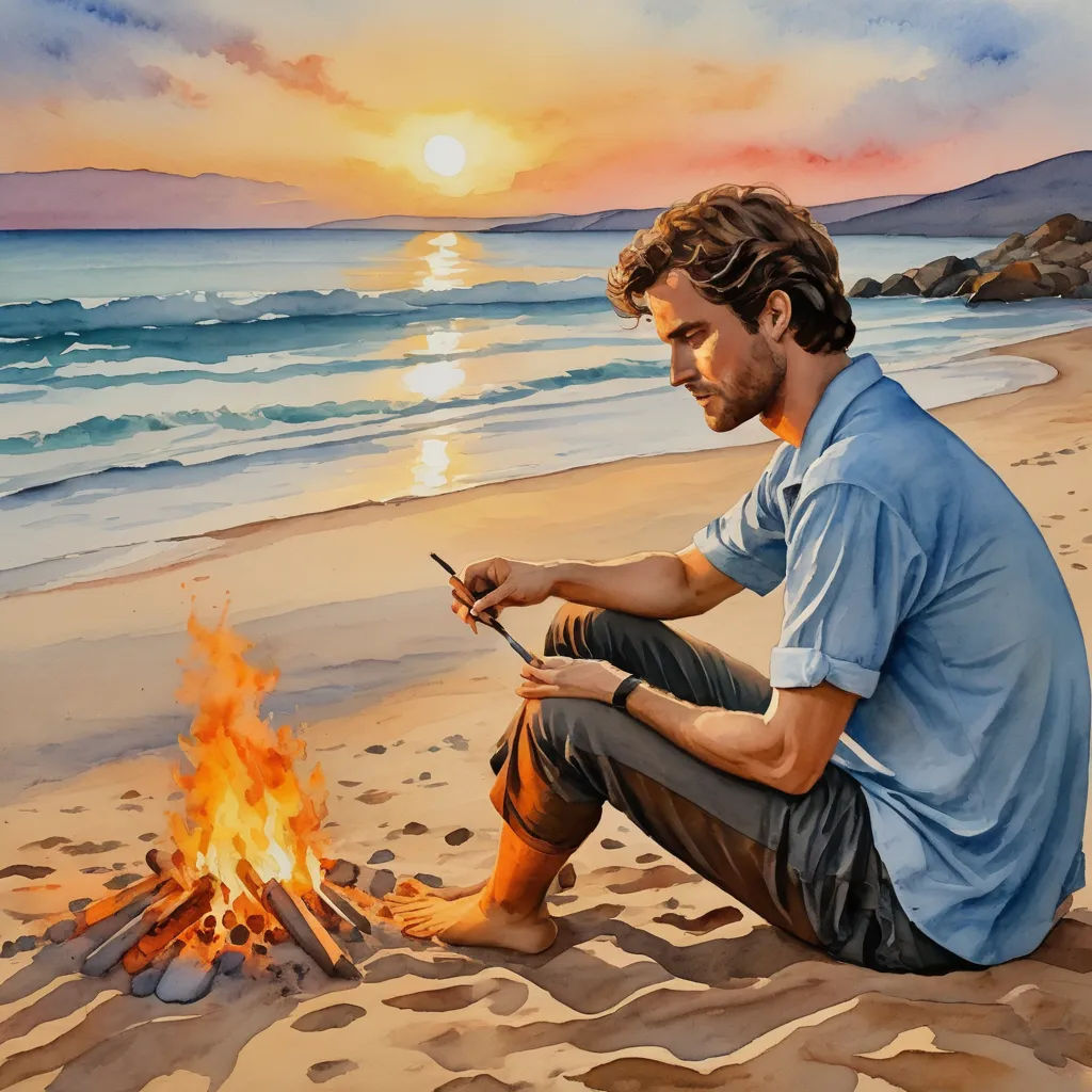 a man sitting on a beach next to a fire with a cell phone in his hand and a sunset in the background, figurative art, a photorealistic painting, Eric Zener, extremely detailed oil painting