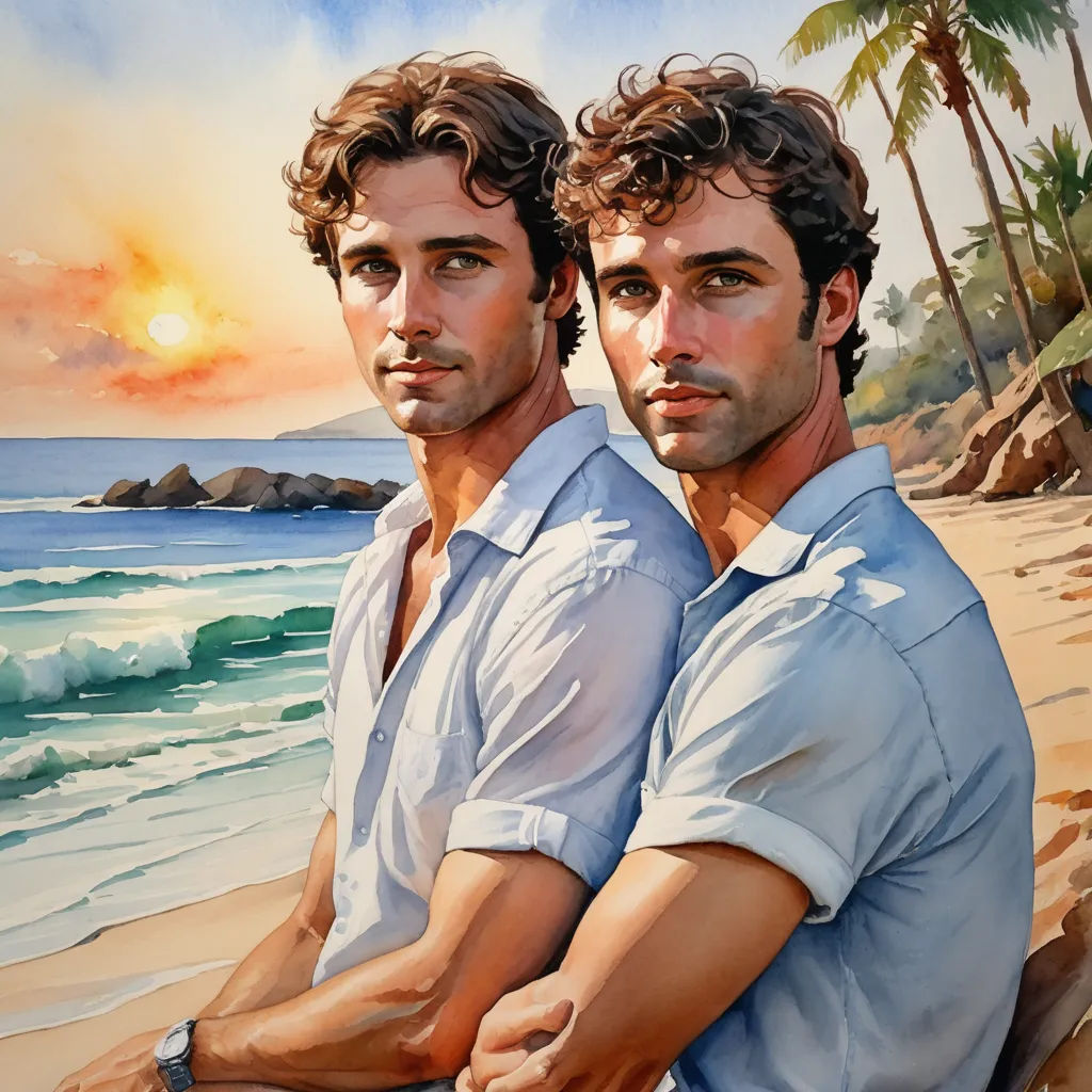 two men sitting on a beach with a sunset in the background and palm trees in the foreground, and a painting of the same man in the foreground, figurative art, a fine art painting, Brothers Hildebrandt, extremely detailed oil painting