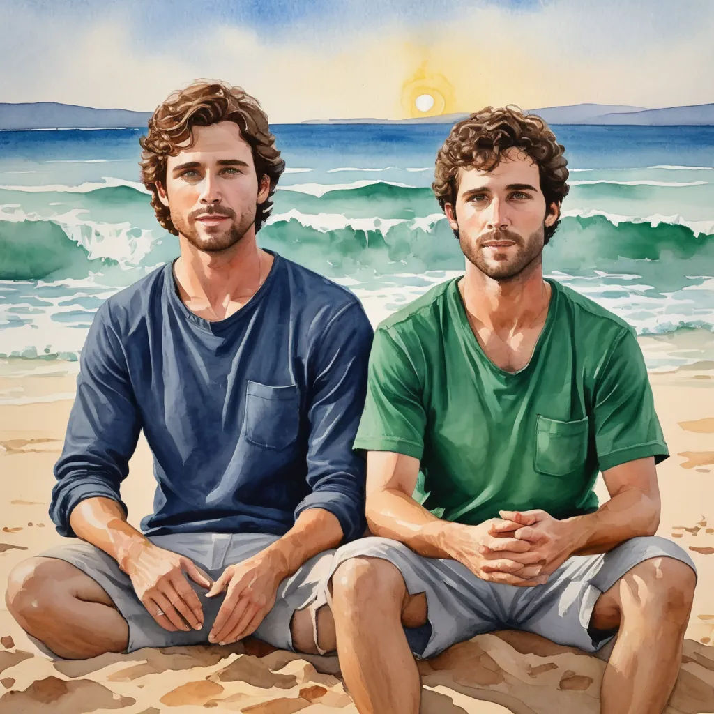 a painting of two men sitting on a beach next to the ocean and a sunset behind them, with the sun shining, figurative art, a photorealistic painting, Eric Zener, highly detailed digital painting