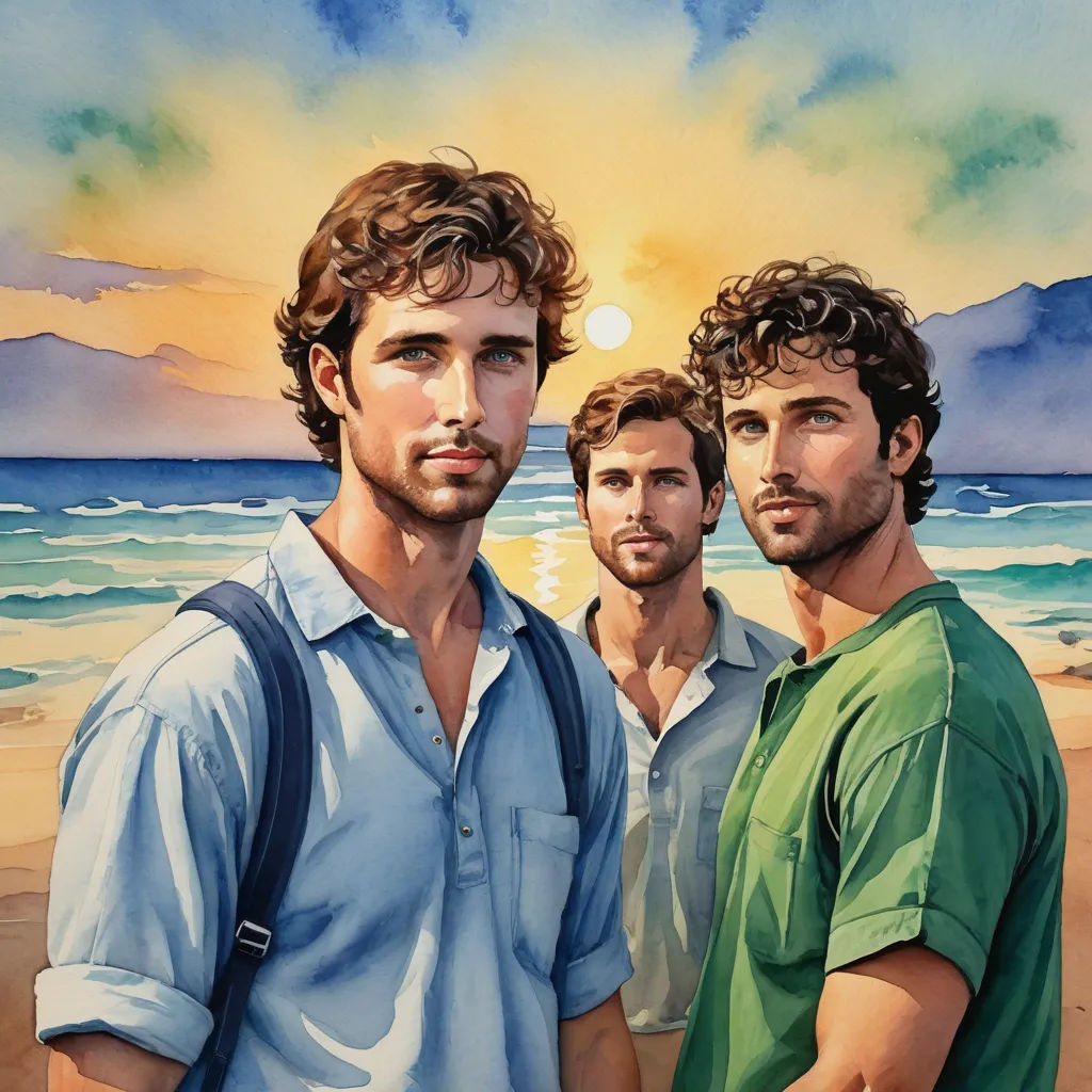 a painting of three men standing on a beach at sunset with the sun setting behind them and the ocean in the background, figurative art, a watercolor painting, Brothers Hildebrandt, in gouache detailed paintings