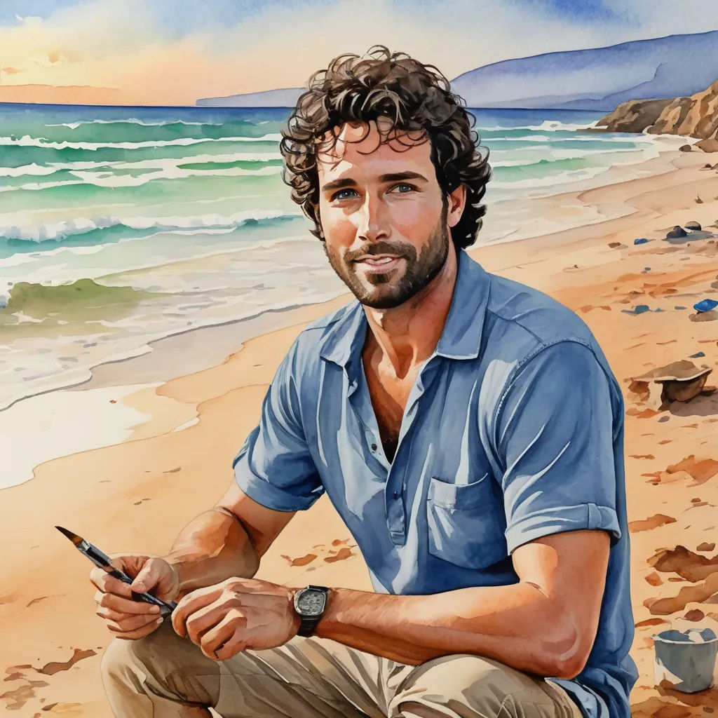 a man sitting on a beach with a cell phone in his hand and a painting of the ocean behind him, figurative art, a character portrait, Douglas Robertson Bisset, professional digital painting