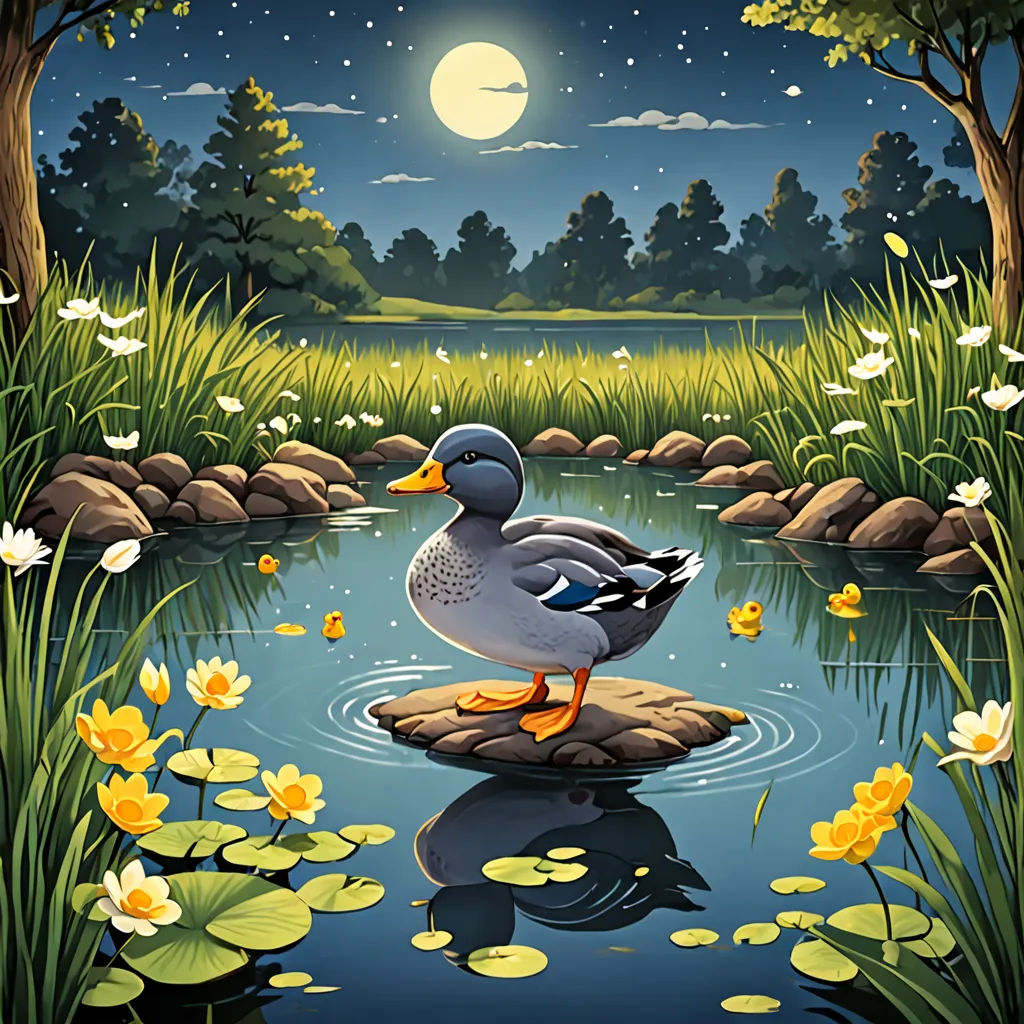 a duck sitting on a rock in a pond of water with lily pads and a full moon in the background, environmental art, a storybook illustration, Chris LaBrooy, storybook illustration