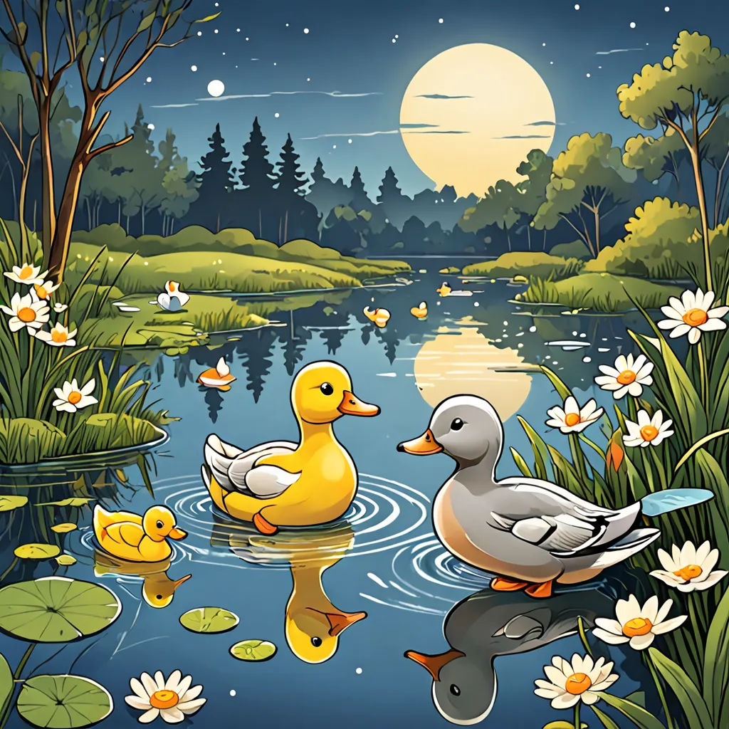 a painting of ducks and ducks in a pond with lily pads and trees in the background and a full moon in the sky, space art, a storybook illustration, Andries Stock, storybook illustration