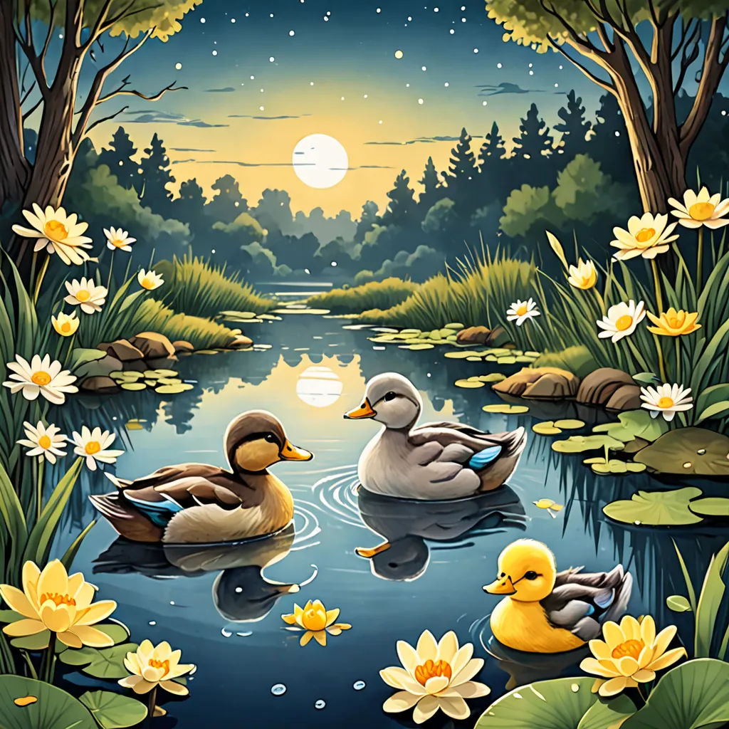 a painting of ducks in a pond with lily pads and a full moon in the background with trees and flowers, naive art, a storybook illustration, Chris LaBrooy, highly detailed digital painting