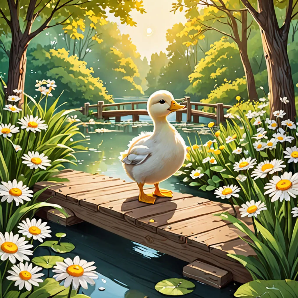 a duck standing on a wooden bridge over a pond of water surrounded by flowers and trees with a bridge in the background, fantasy art, a storybook illustration, Chris LaBrooy, nature