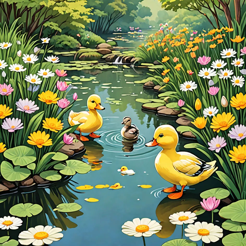 a painting of ducks and ducks in a pond of water with lily pads and flowers around them, with a pond of water lillies and lily pads, ecological art, a storybook illustration, Chris LaBrooy, nature
