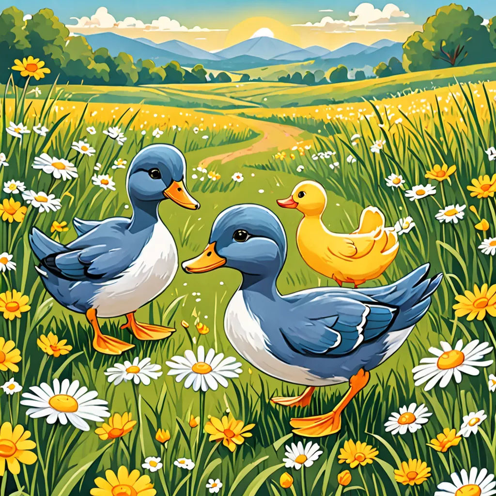 two ducks are walking through a field of daisies and daisies with a path in the background that leads to a grassy meadow, naive art, a storybook illustration, Anne Said, storybook illustration