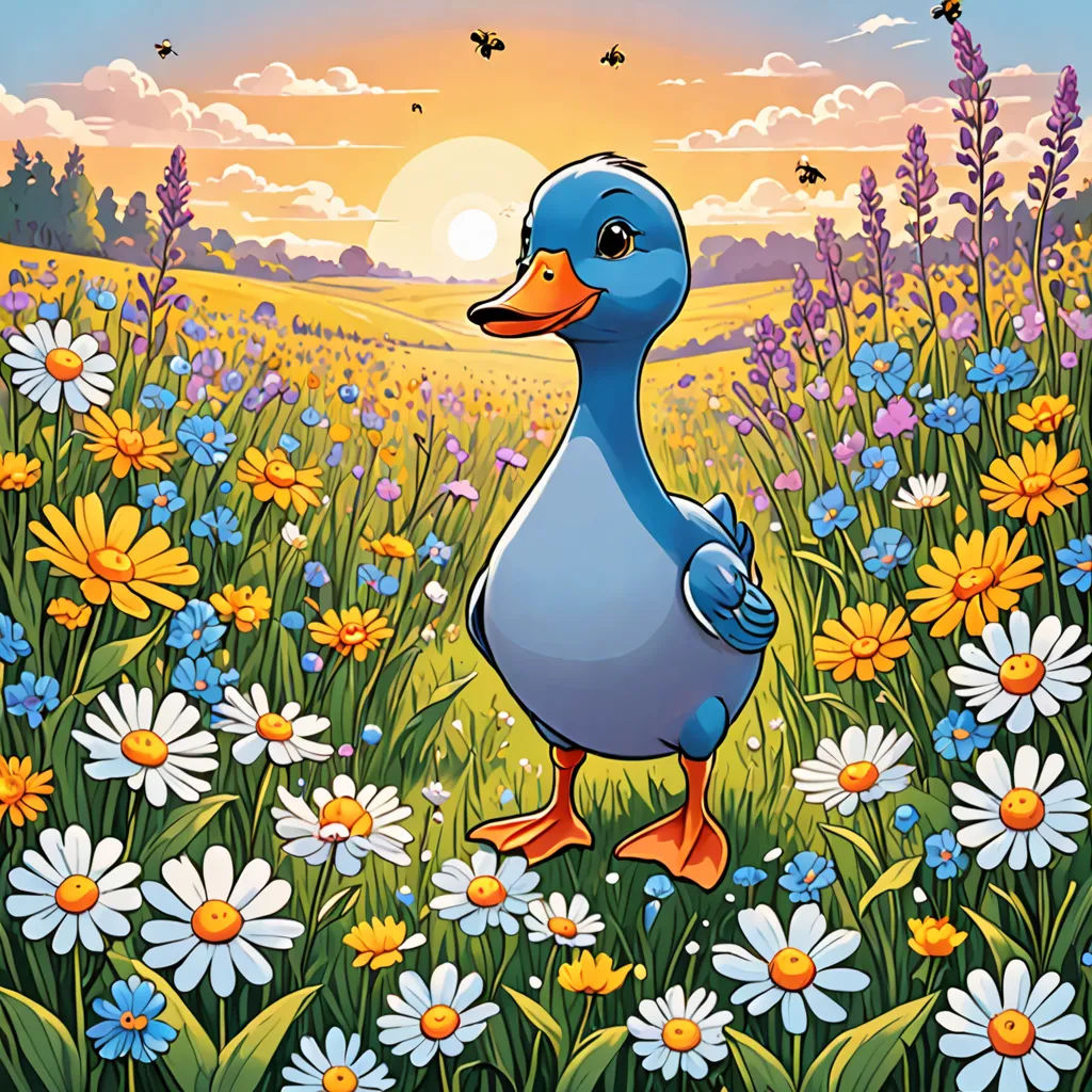 a duck in a field of flowers with a sunset in the background and bees flying overhead in the sky, color field, a storybook illustration, Anne Said, promotional image
