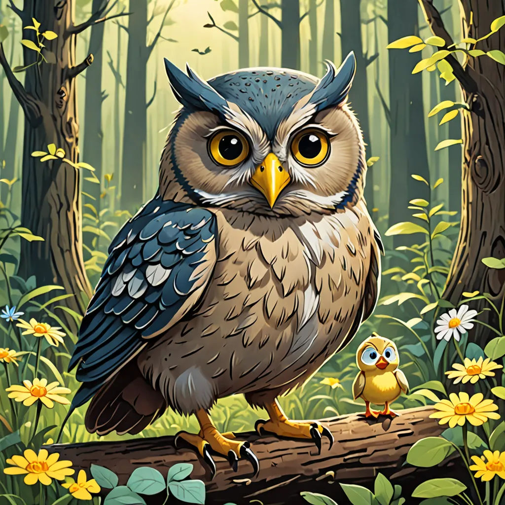 a painting of an owl and its baby on a log in a forest with flowers and trees in the background, fantasy art, a storybook illustration, Chris LaBrooy, highly detailed digital painting