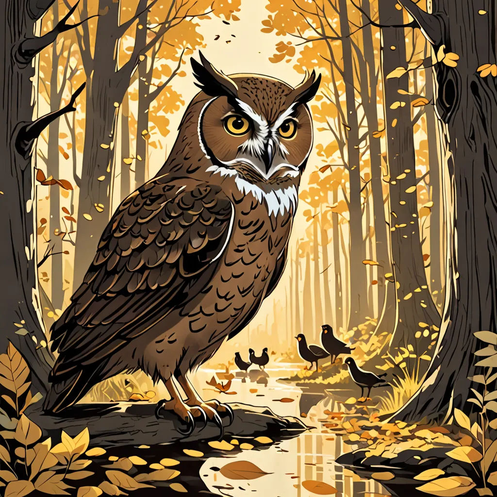 a painting of an owl sitting on a tree stump in a forest with ducks in the water and trees with yellow leaves, fantasy art, a storybook illustration, Dan Mumford, josan gonzales and dan mumford