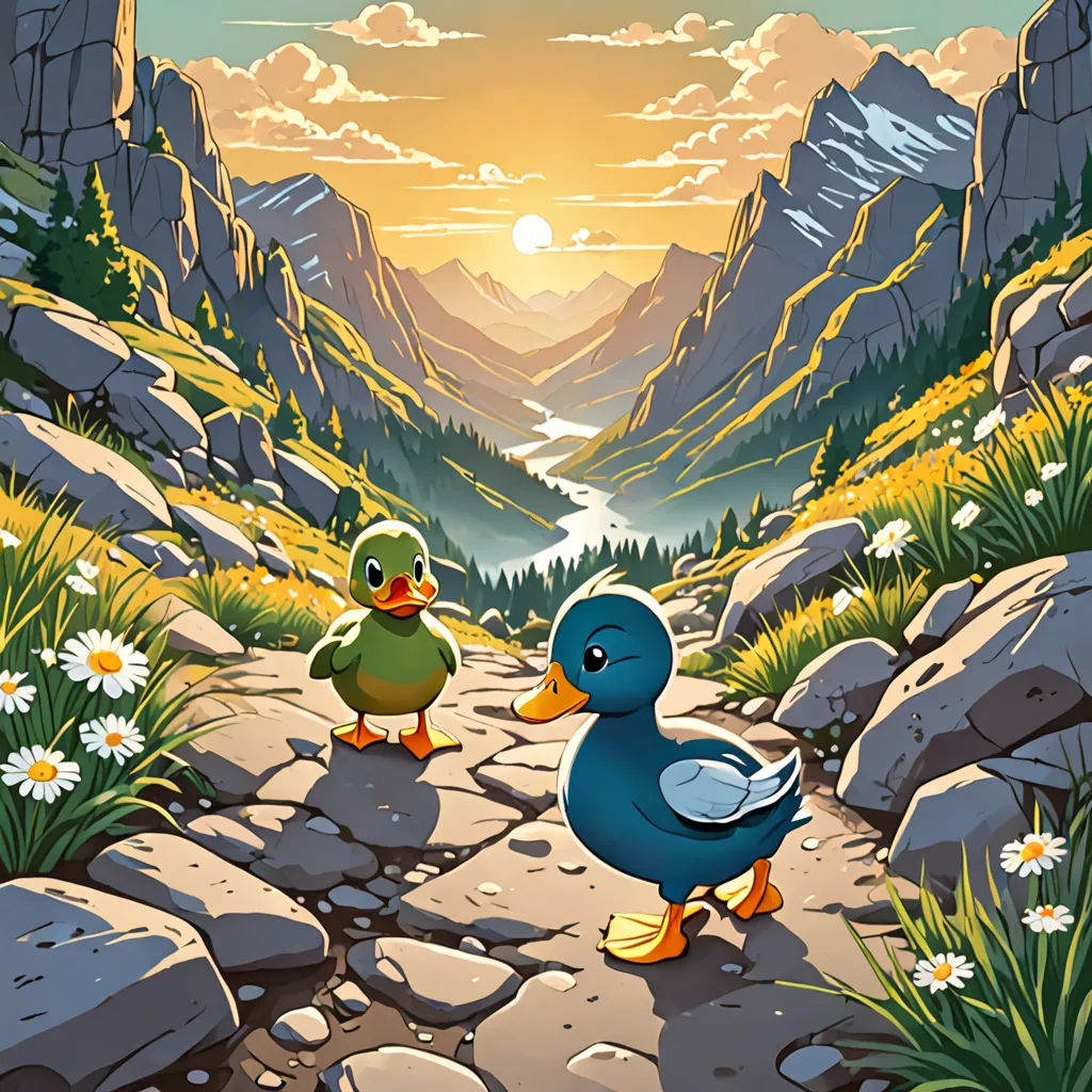 two ducks are walking on a rocky path near a mountain valley with flowers and rocks, and a sun setting, naive art, a storybook illustration, Dan Mumford, storybook illustration