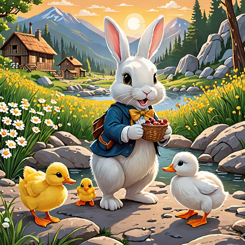 a painting of a bunny with two ducks and a duckling in a field of flowers and grass with a house in the background, naive art, a storybook illustration, Chris LaBrooy, official art