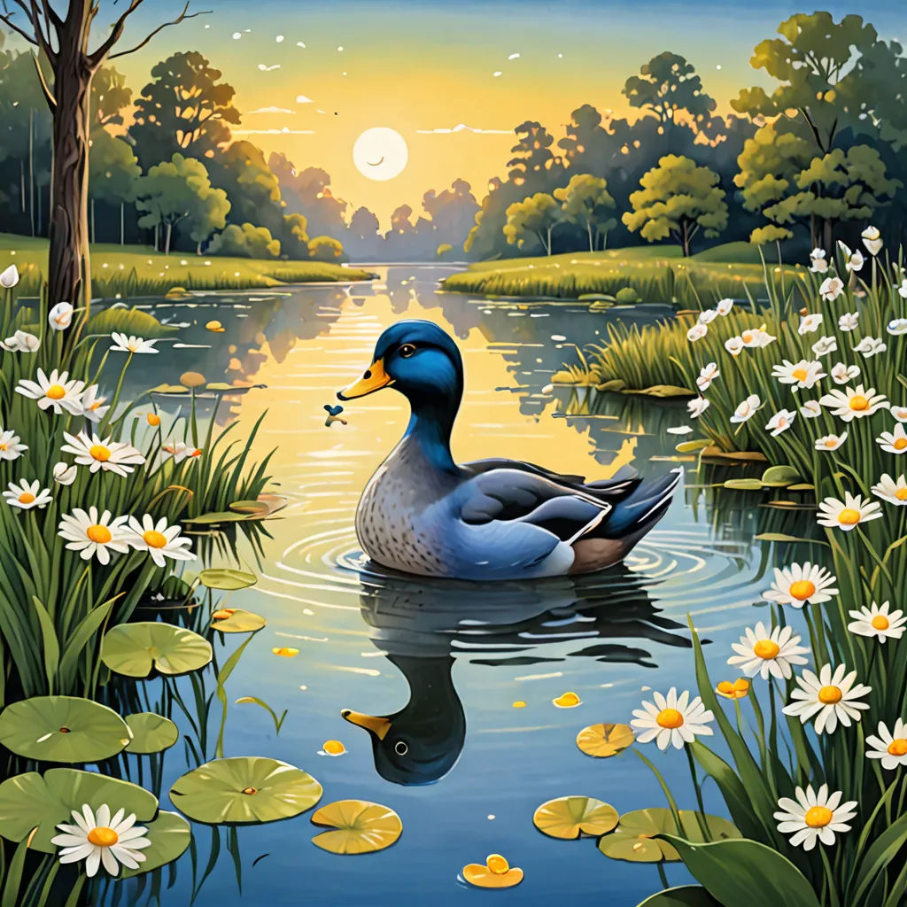 a duck is swimming in a pond with flowers and trees around it and a sun setting in the background, naive art, a fine art painting, Chris LaBrooy, nature