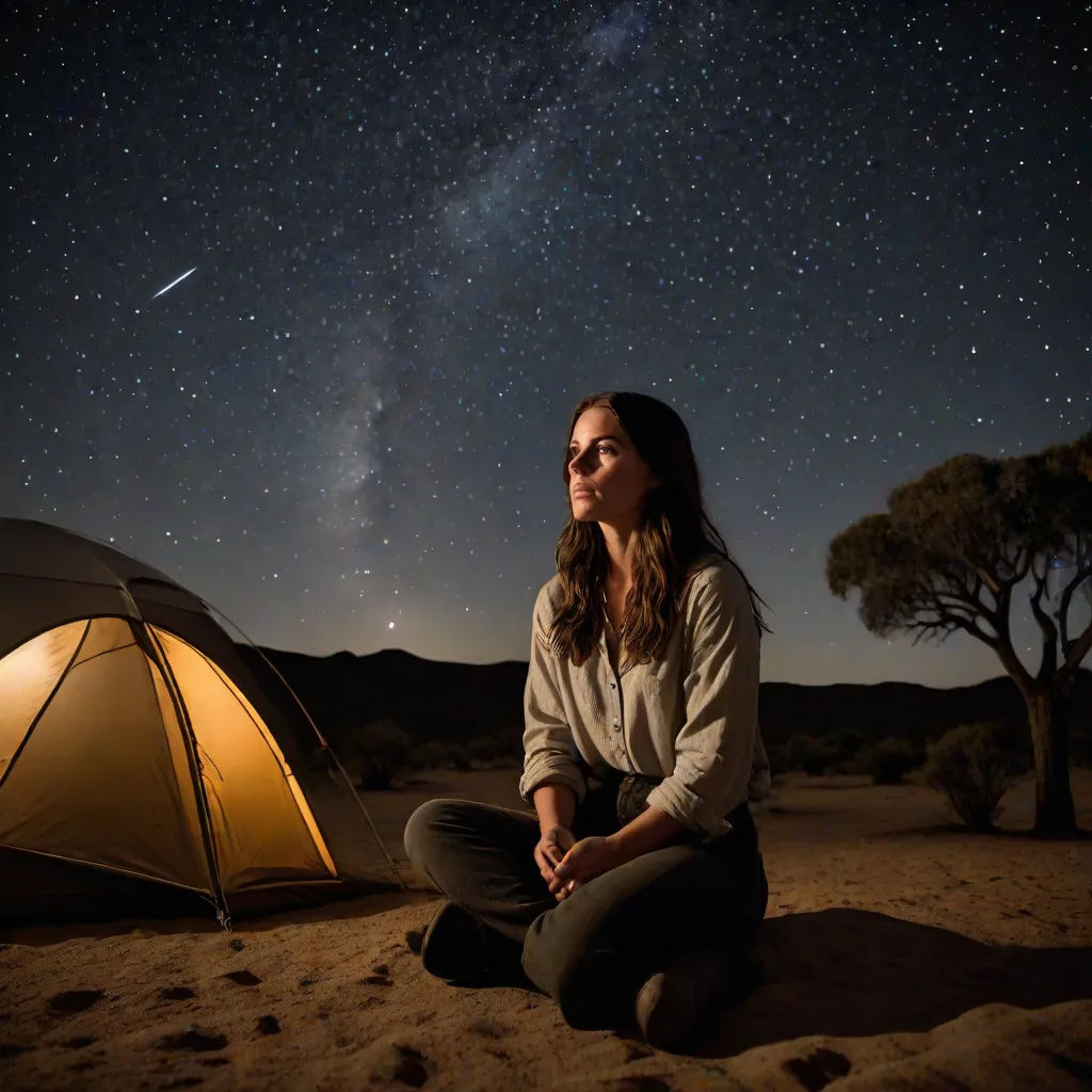 a woman sitting in the sand next to a tent under a night sky with stars above her and a tree, space art, a character portrait, Claire Dalby, promotional image