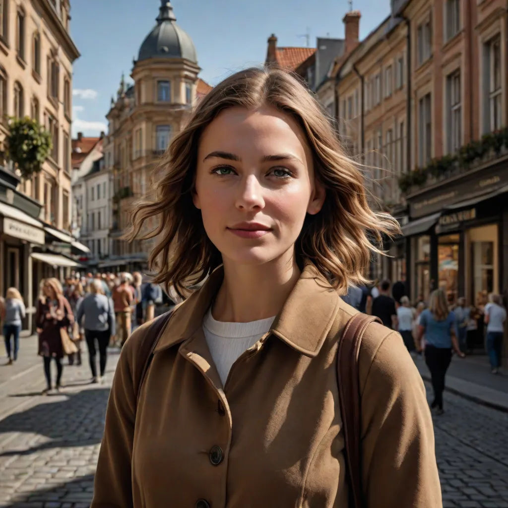 a woman standing on a street with a crowd of people walking by her and a building in the background, aestheticism, a character portrait, Caro Niederer, promotional image