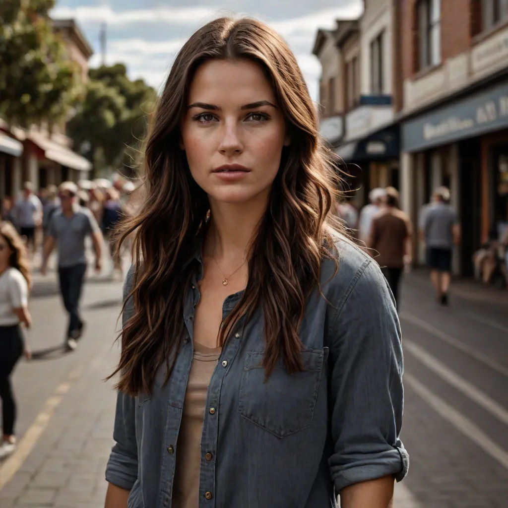 a woman standing on a street with people walking by her and a building in the background with a sky background, hyperrealism, a character portrait, Christen Købke, promotional image