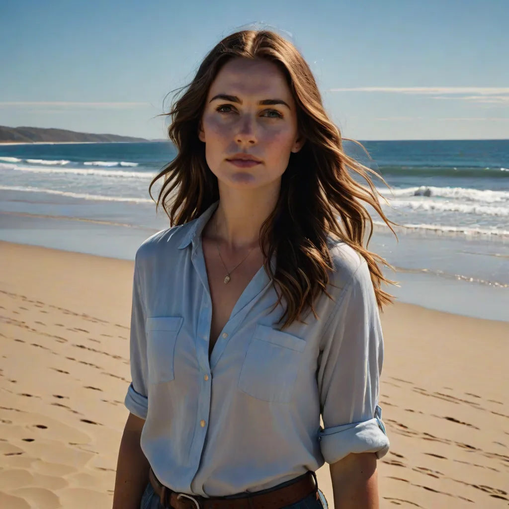 a woman standing on a beach next to the ocean with a blue sky in the background and a blue sky in the background, serial art, a character portrait, Brigid Derham, promotional image