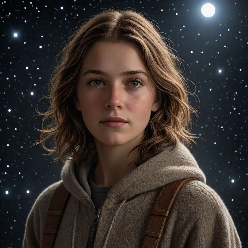 a painting of a woman in front of a night sky with stars and a moon in the background with a backpack on her shoulder, photorealism, a character portrait, Brad Kunkle, promotional image