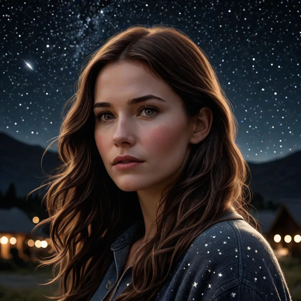 a woman with long hair and a star filled sky in the background is a mountain range and a house, photorealism, a photorealistic painting, Elinor Proby Adams, leesha hannigan