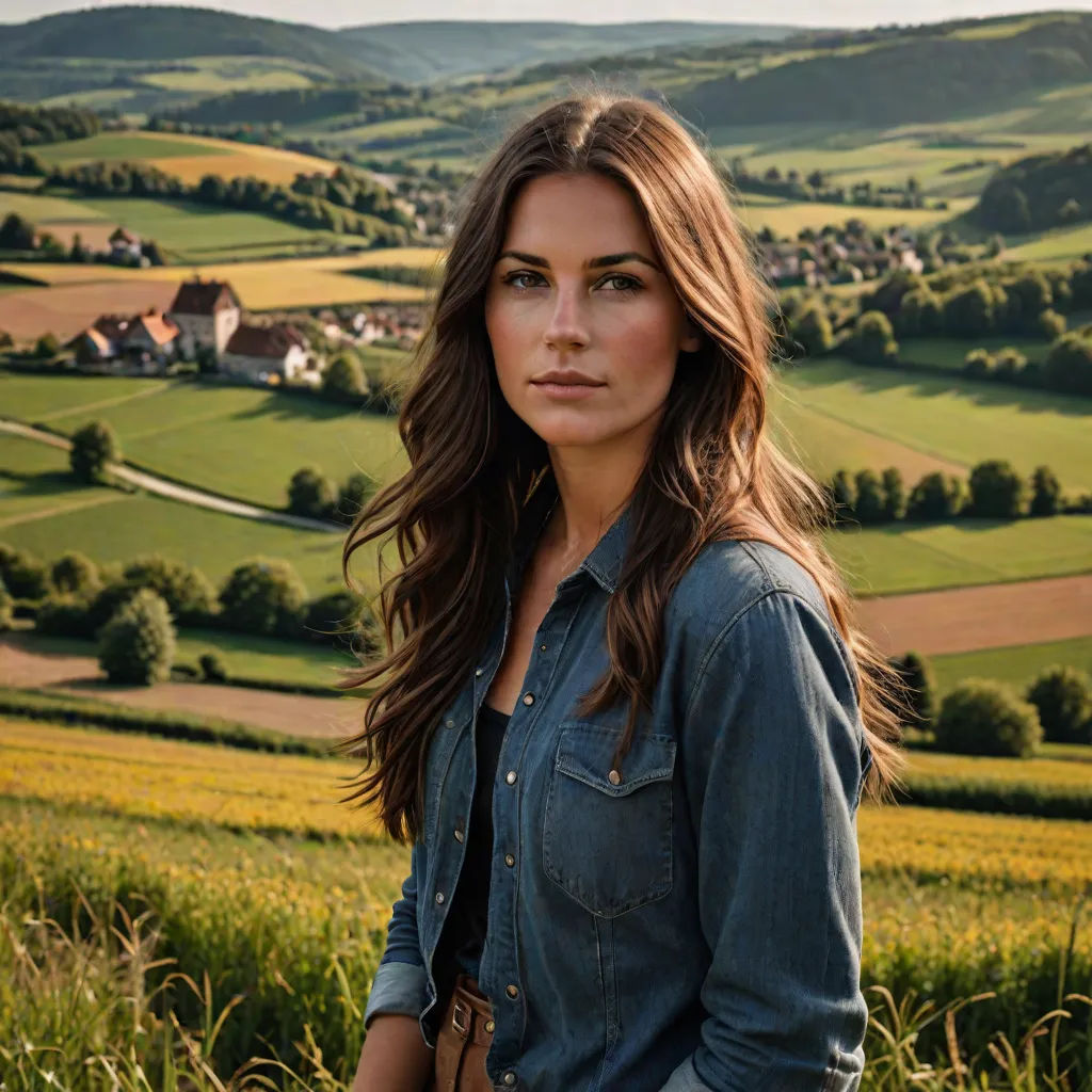 a woman standing in a field of grass with a view of a town in the distance behind her and a house in the distance, german romanticism, a character portrait, Christian Hilfgott Brand, promotional image