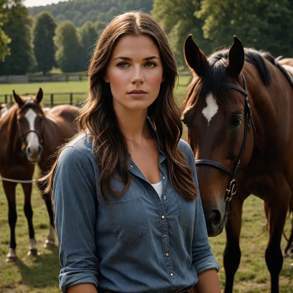 a woman standing next to a horse in a field of horses in the background, with trees in the background, naturalism, a photorealistic painting, Christian Hilfgott Brand, promotional image