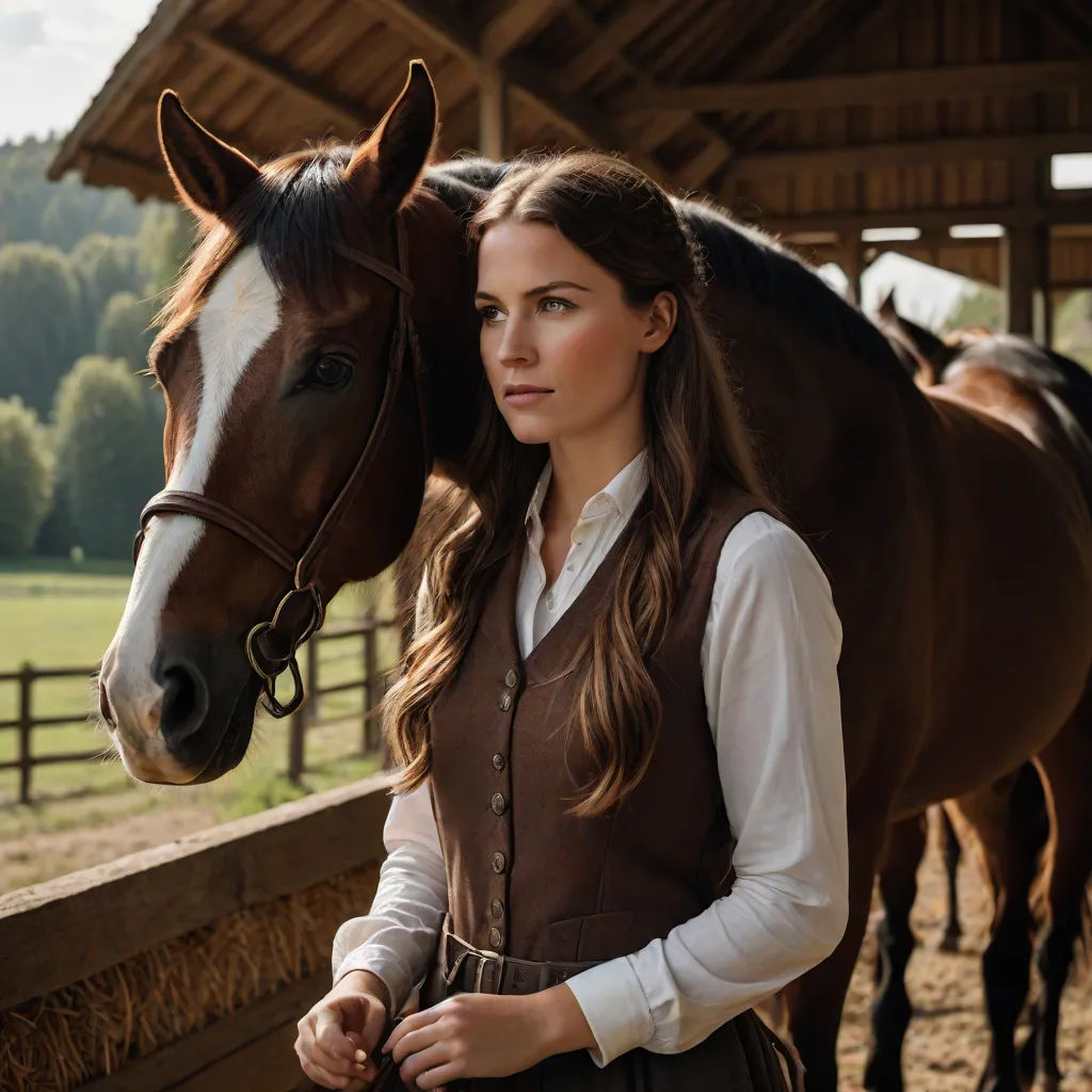a woman standing next to a horse in a stable with other horses in the background and a wooden fence, german romanticism, a character portrait, Christian Hilfgott Brand, promotional image