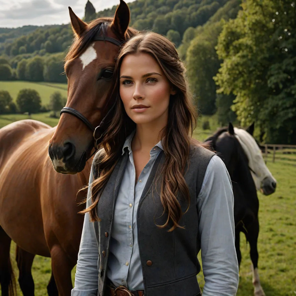 a woman standing next to a horse in a field of horses in the background, with a horse behind her, naturalism, a photorealistic painting, Christian Hilfgott Brand, promotional image