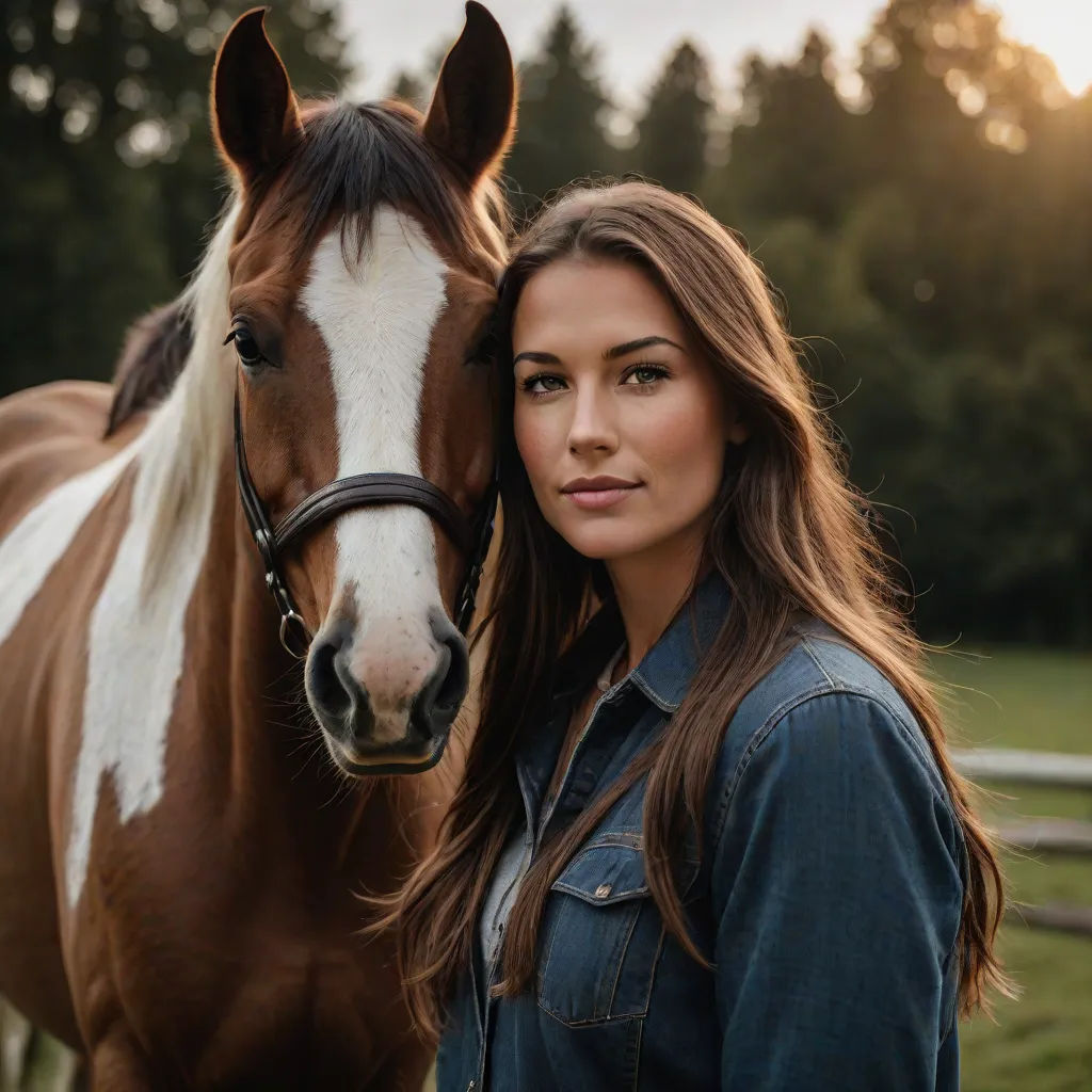a woman standing next to a horse in a field of grass with trees in the background and a fence, naturalism, a stock photo, Elke Vogelsang, portrait photography
