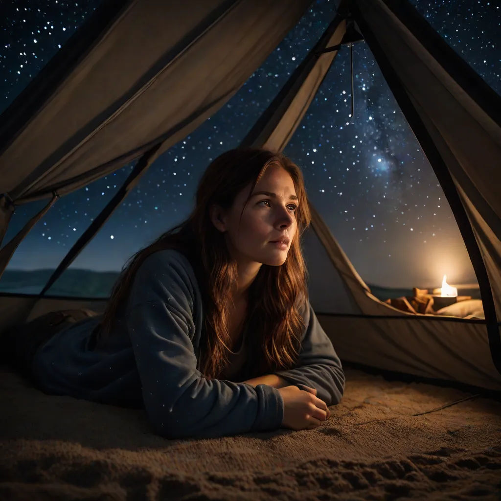 a woman laying in a tent under a night sky filled with stars and a light on a bed with a blanket, art photography, a detailed matte painting, Brad Kunkle, cinematic photography