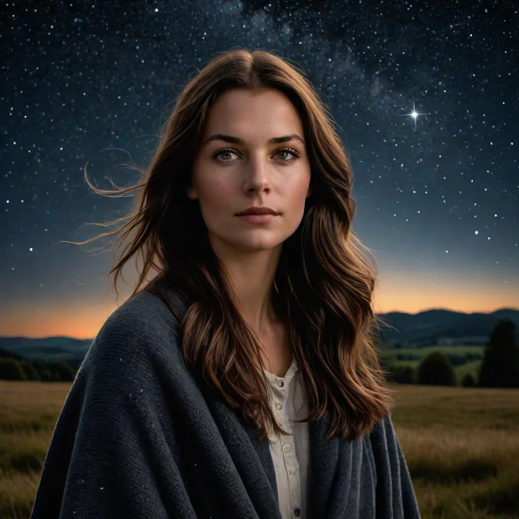 a woman standing in a field under a night sky with stars above her head and a star filled sky above her head, german romanticism, a photorealistic painting, Bettina Heinen-Ayech, promotional image