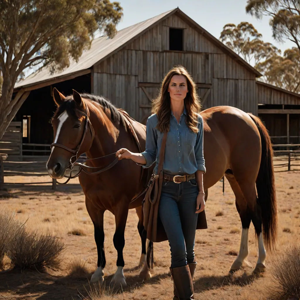 a woman is walking with a horse in a field of dry grass and trees in the background, with a barn in the background, american romanticism, a character portrait, Christian Hilfgott Brand, promotional image