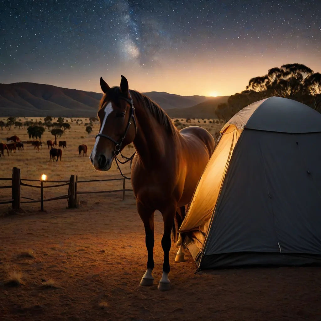 a horse standing next to a tent in a field at night with a sky full of stars above it, australian tonalism, a photorealistic painting, Chris LaBrooy, award-winning photograph