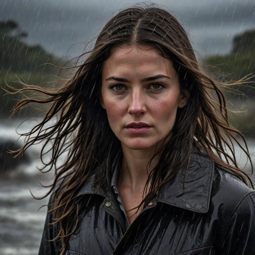 a woman with wet hair standing in the rain with a black jacket on and a dark background with trees, art photography, a character portrait, Brigid Derham, leesha hannigan