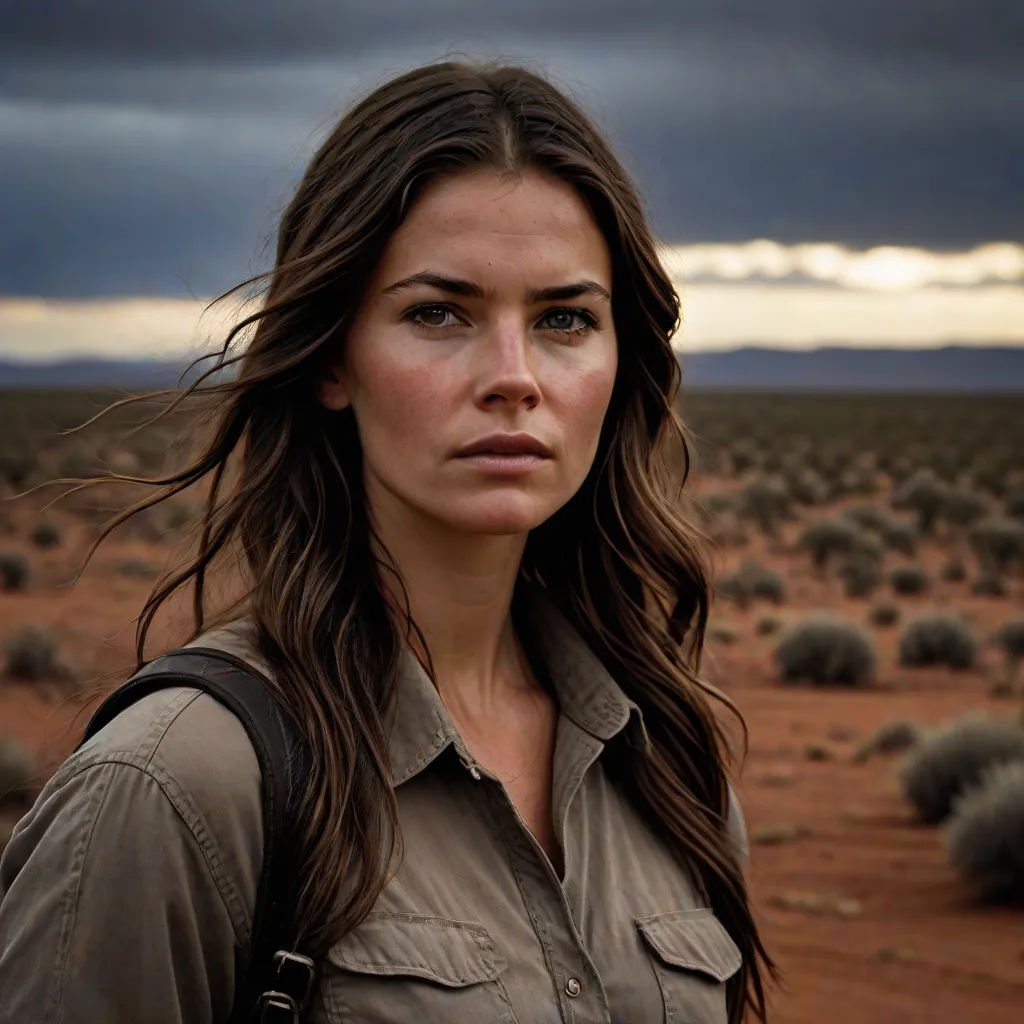 a woman standing in a desert with a dark sky in the background and a dark cloud in the sky, serial art, a character portrait, Annabel Eyres, promotional image